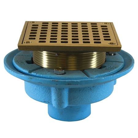 Jones Stephens 2in No Hub Code Blue Floor Drain, 7in Pan, 5in Nickel Bronze Square Strainer D65569